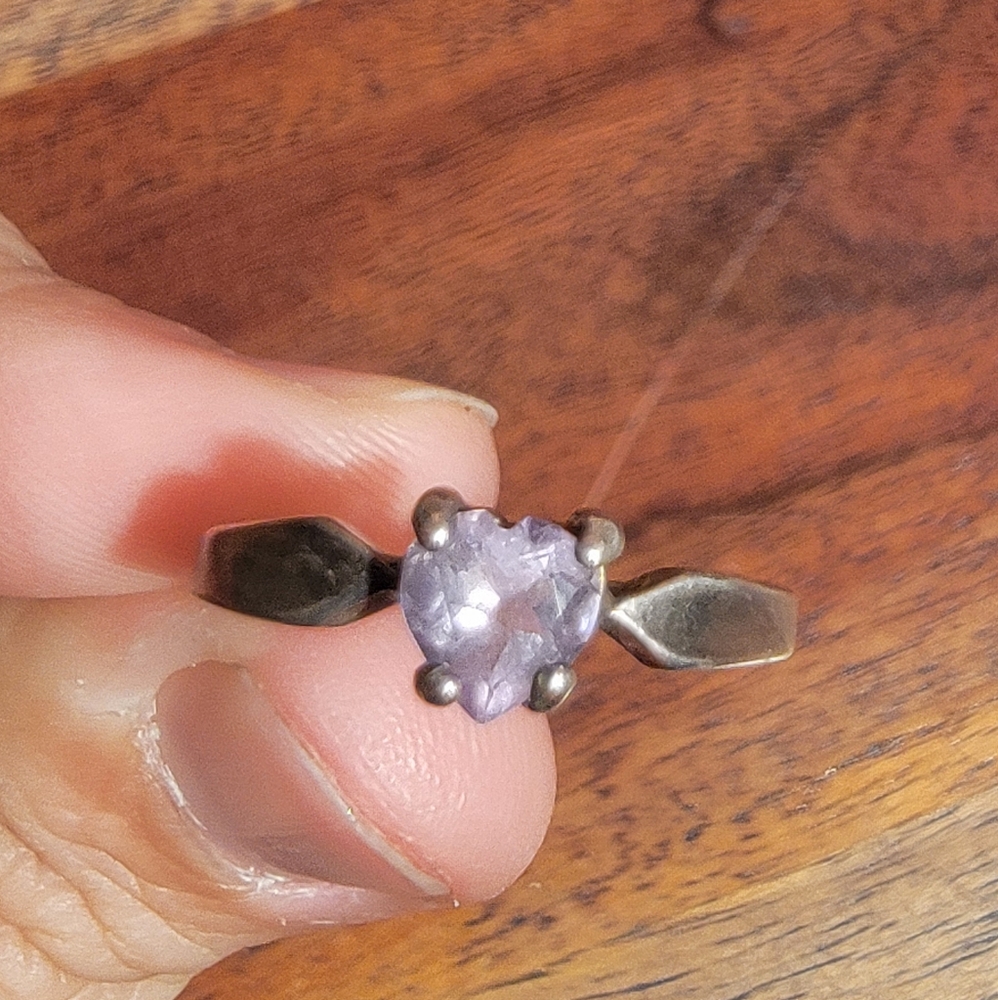 Vintage Sterling Silver Amethyst Heart Solitaire Ring, Size 9